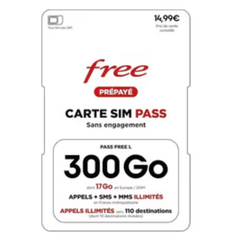 Carte SIM prépayée Free – appels, SMS, MMS illimités 300 Go Carte SIM prépayée Free – appels, SMS, MMS illimités 300 Go