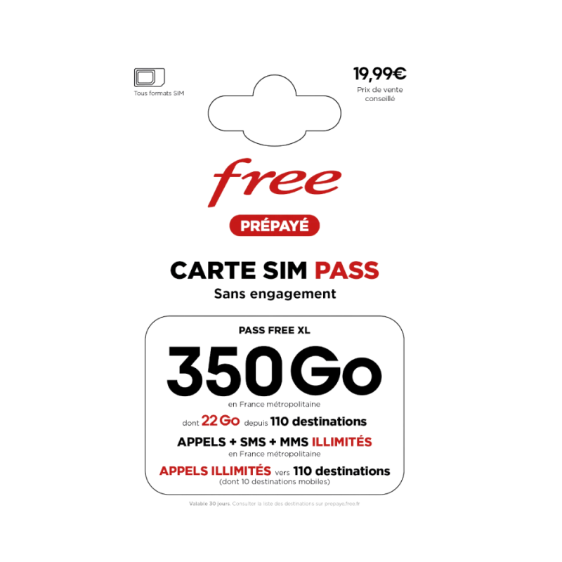 Carte SIM Prépayée Free Appel + SMS + MMS Illimité 350Go Internet Sans Engagement Carte SIM Prépayée Free Appel + SMS + MMS Illimité 350Go Internet Sans Engagement