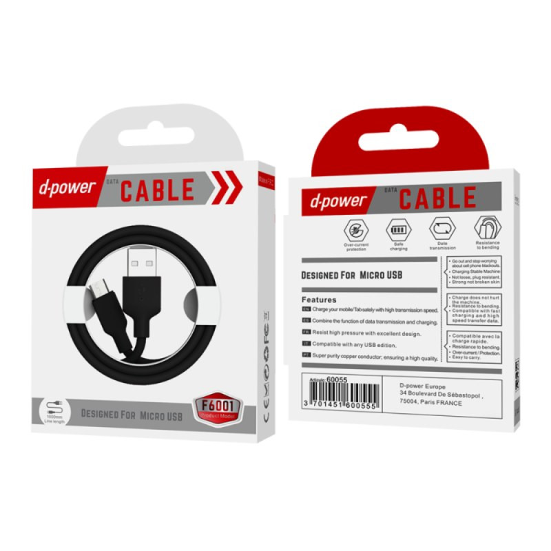 Câble D-power USB vers Micro-USB F6001 – 1 m noir Câble D-power USB vers Micro-USB F6001 – 1 m noir