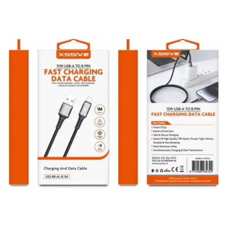 Câble tressé USB-A vers Lightning XSSIVE XSS-BR-AL-B – 15W 1 m Noir