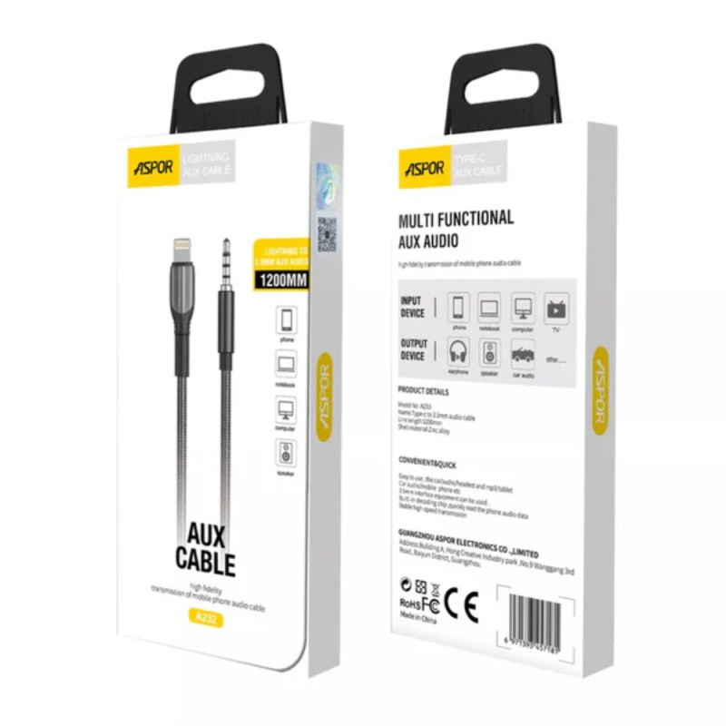Câble audio ASPOR Lightning vers jack 3,5 mm A232 – 1,2 m Noir Câble audio ASPOR Lightning vers jack 3,5 mm A232 – 1,2 m Noir