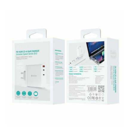 Chargeur secteur Devia Series - PD 140W, 2 USB-C + USB-A, GaN, prise EU, Blanc