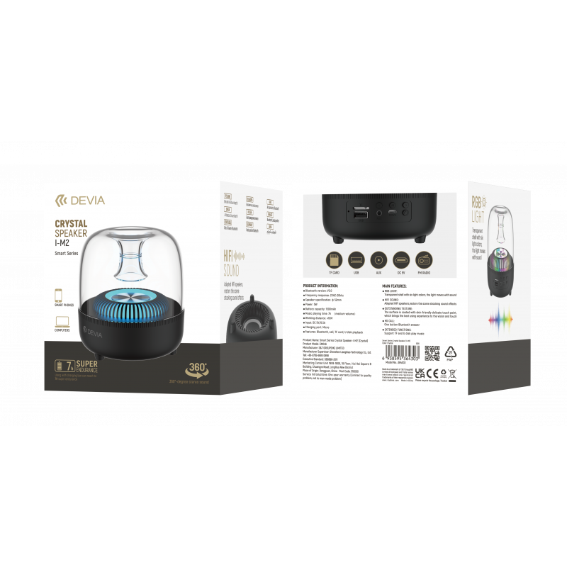 Enceinte Bluetooth portable Devia Smart Series Crystal – USB, TF, AUX, FM, RVB