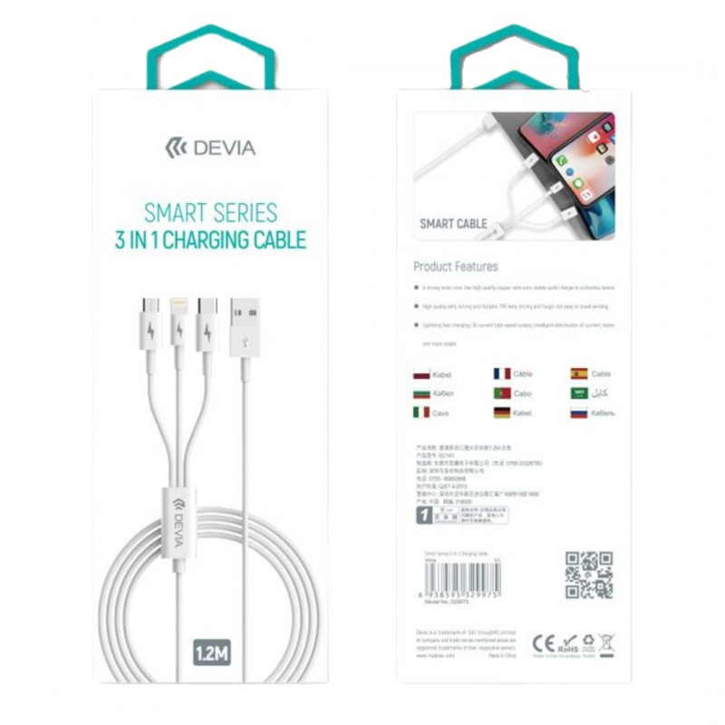 Câble 3-en-1 Devia Smart Series – USB, Micro USB, Lightning, USB-C 1,2 m Blanc Câble 3-en-1 Devia Smart Series – USB, Micro USB, Lightning, USB-C 1,2 m Blanc