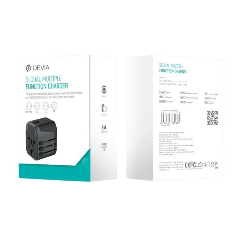 Adaptateur de voyage Devia - US/EU/UK/CN/AU, 2 USB 5V 2,4A
