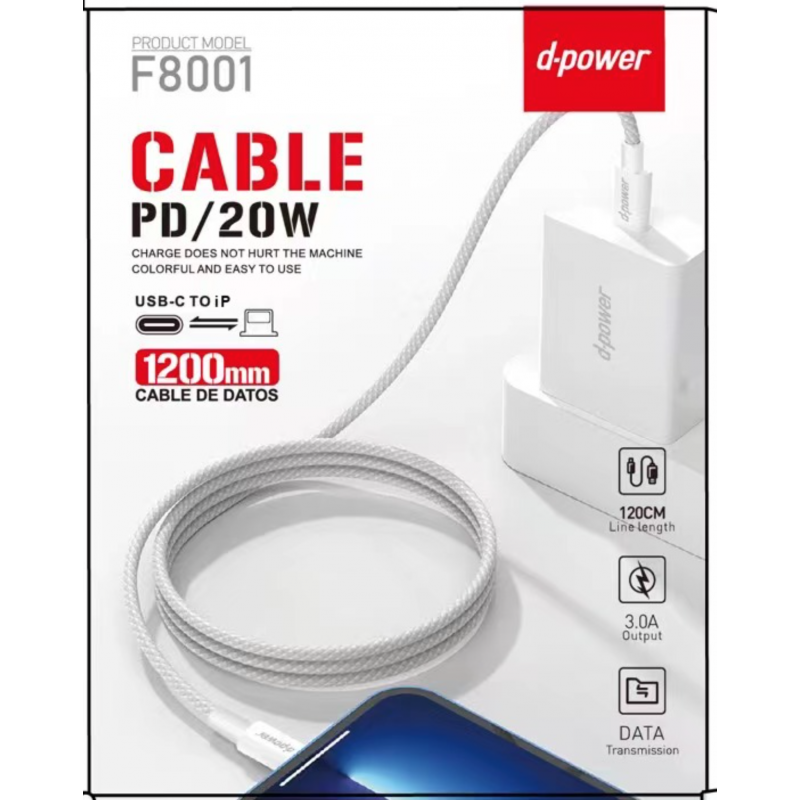 Câble nylon tressé D-power F8001 – 1,2 m Blanc Câble nylon tressé D-power F8001 – 1,2 m Blanc