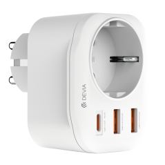 Adaptateur Secteur avec 3 Ports 2 USB-A + 1 USB-C avec Prise intégrée - Devia Smart Series - Blanc — Devia · Smarty Paris 18e