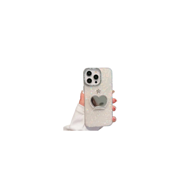 Coque de protection iPhone nacrée avec miroir cœur, perles et couronne – Design chic et maquillage pratique