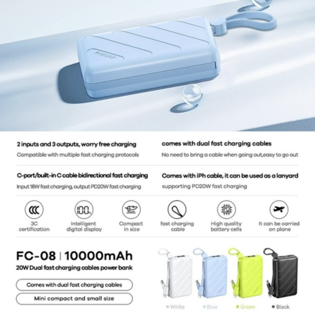 Power Bank 10000mAh PD 20W avec Double Câble de Charge USB-C / Lightening REMAX FC-08 - Noir — REMAX · Smarty Paris 18e