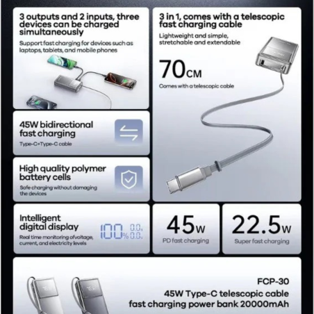 Power Bank 20000mAh 45W avec Câble Télescopique Type-C REMAX FCP-30 - Argent — REMAX · Smarty Paris 18e