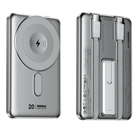 Power Bank Magnétique 5000mAh REMAX CX-1 15W avec câbles Lightning + USB-C + support intégré - Argent — REMAX · Smarty Paris 18e