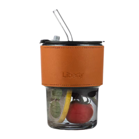 Verre Portable avec Couvercle / Paille / Protection en Cuir- Gris · Smarty Paris