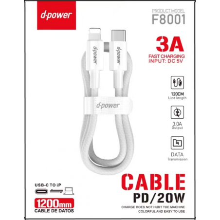 Câble Nylon Tressé - D-power F8001 - 1.2M Blanc — D-power · Smarty Paris 18e