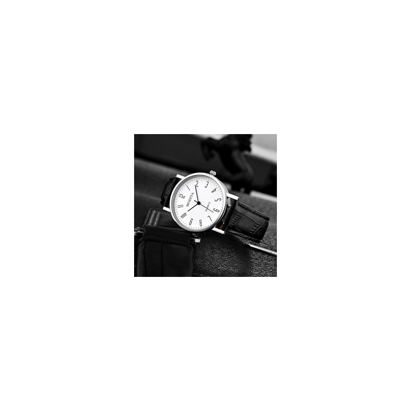 Montre à Quartz pour Hommes Modiya Bracelet en Cuir PU Chiffre Numérique Blanc Noir