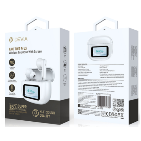 Écouteurs sans fil Bluetooth avec écran Devia ANC TWS Pro3 - Blanc — Devia · Smarty Paris 18e