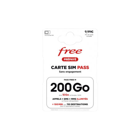 Carte SIM Prépayée Free Appel + SMS + MMS Illimité 200Go Internet Sans