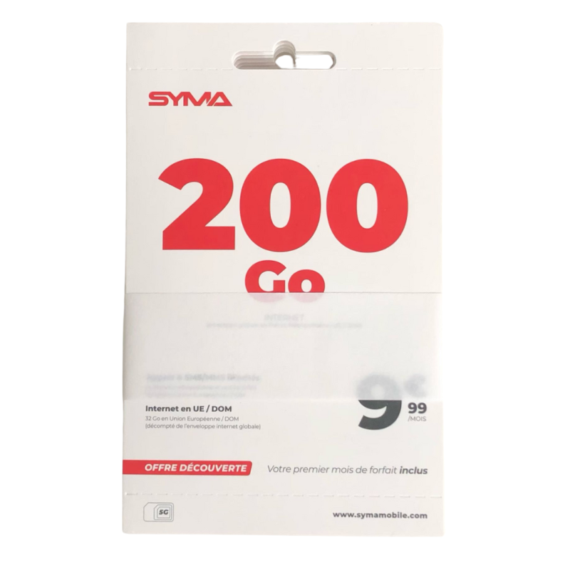 Carte SIM SYMA 200 Go d’Internet 5G Réseau SFR + Appels et SMS illimités Sans En… — Reconditionné Garanti 12 mois · Smarty Paris