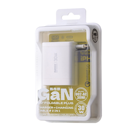 Chargeur GaN avec Câble Télescopique Lightning 30W pour iPhone REMAX U02-AC30Wi - EU - Blanc — REMAX · Smarty Paris 18e