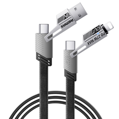 Câble 4-en-1 USB/Type-C vers Lightning/Type-C Tressé de Charge Rapide 65W REMAX RC-C189 - 1M - Noir — REMAX · Smarty Paris 18e