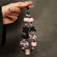 Lanière de Téléphone Portable Rose + Noir avec ours et pompon — ECO
