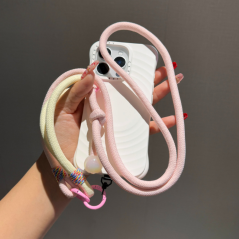 Collier Téléphone Cordon Long Tressé Bicolore Rose Poudré/Beige avec Perle - 115cm — ECO · Smarty Paris 18e
