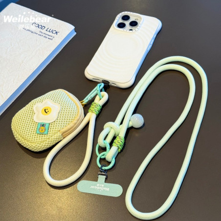 Collier Téléphone Cordon Long Tressé Bicolore Vert Menthe/Beige avec Mini Pochette et Perle - 115cm — ECO · Smarty Paris 18e