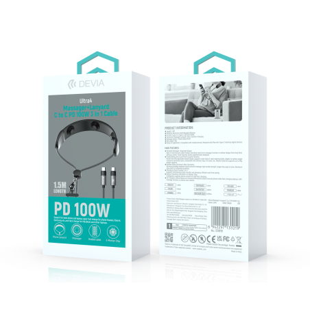 Câble Type C / Type C Masseur + Cordon PD 100 W 1.5M - Devia Ultra 4 - Gris — Devia · Smarty Paris 18e