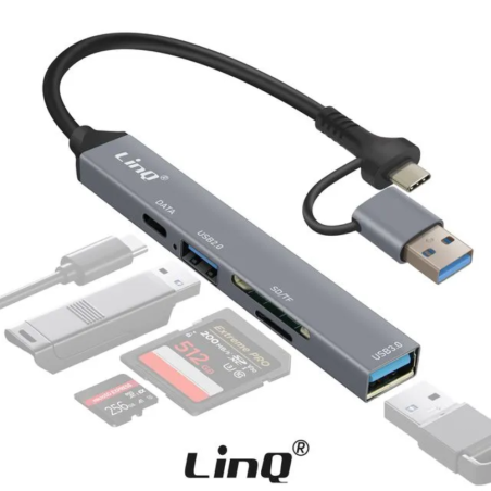 HUB Type-C/USB 6 en 1 - USB 2.0 +USB 3.0 + USB-C + SD + TF LinQ IT7944 — LinQ · Smarty Paris 18e