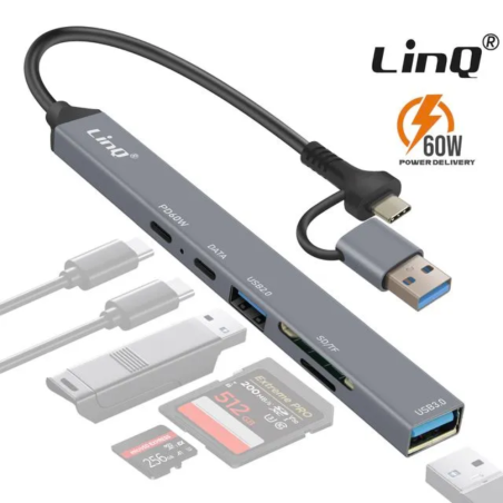 HUB Type-C/USB 7 en 1 - USB 2.0 + USB 3.0 + USB-C + SD + TF + PD LinQ IT7947 — LinQ · Smarty Paris 18e
