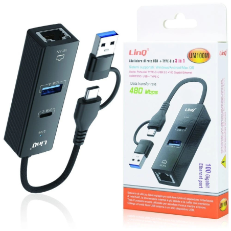 Adaptateur 3-en-1 USB / Type-C vers Ethernet / USB / Type-C - LinQ UM100M — LinQ · Smarty Paris 18e