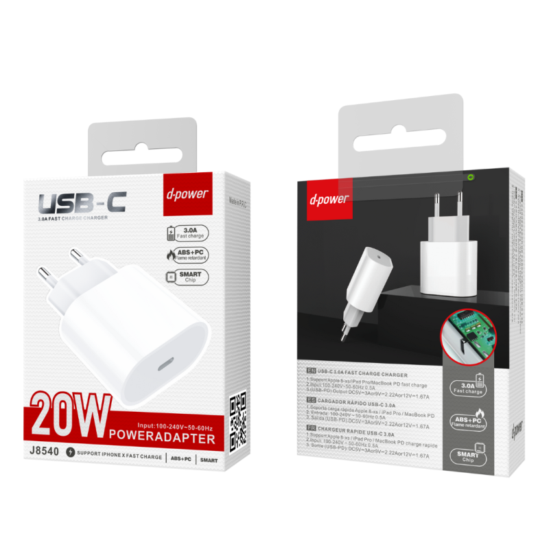 Adaptateur Secteur Type-C 20W PD - D-power J8540 - Blanc — D-power · Smarty Paris 18e