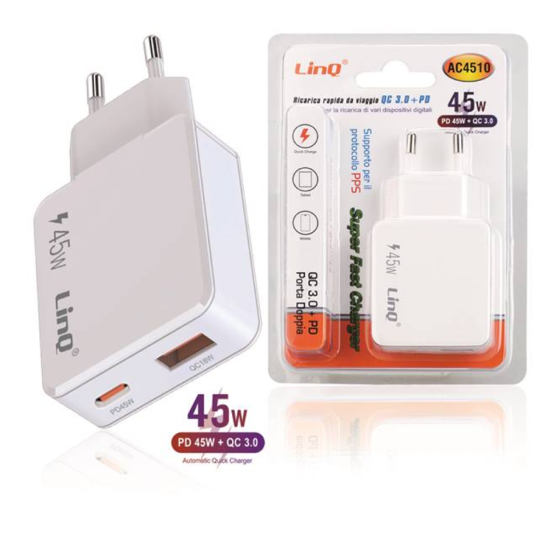 Chargeur Secteur USB-C + USB 45W Chargeur Rapide LinQ AC4510 — LinQ · Smarty Paris 18e