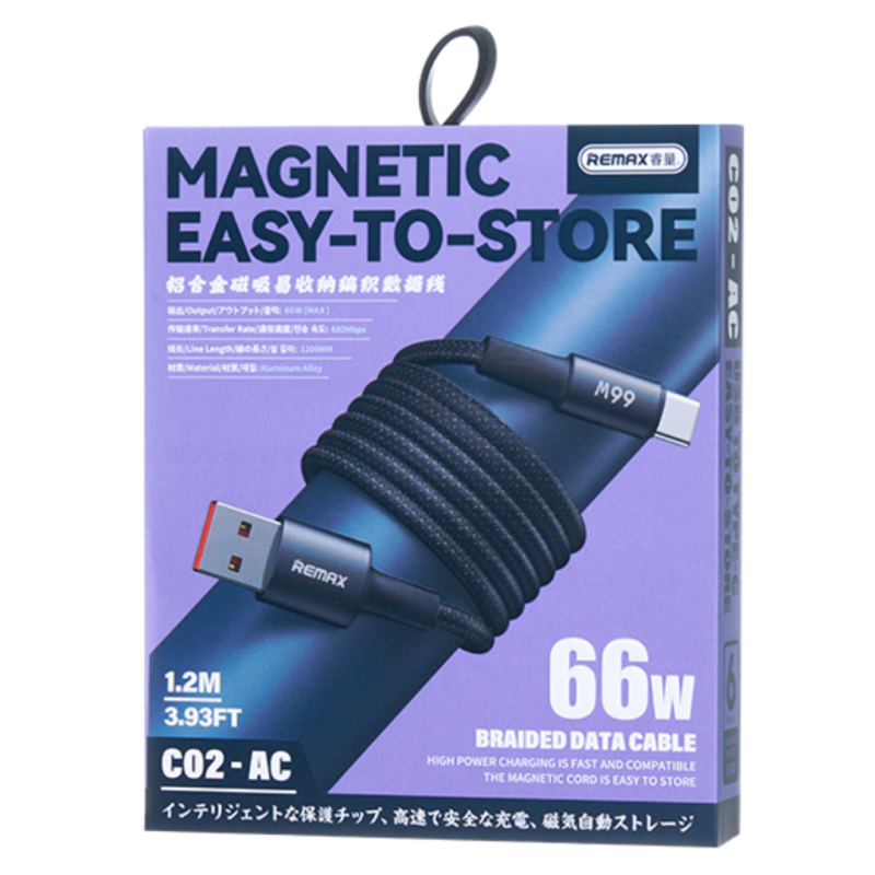 Câble USB / Type-C en Alliage d'Aluminium avec Rangement Magnétique Facile 66W 1.2M - REMAX C02-AC — REMAX · Smarty Paris 18e