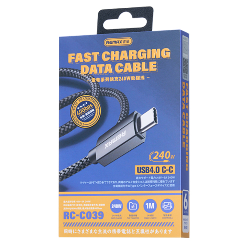 Câble Type-C / Type-C Charge Rapide 240W Thunderbolt USB 4.0 1M - REMAX RC-C039 — REMAX · Smarty Paris 18e