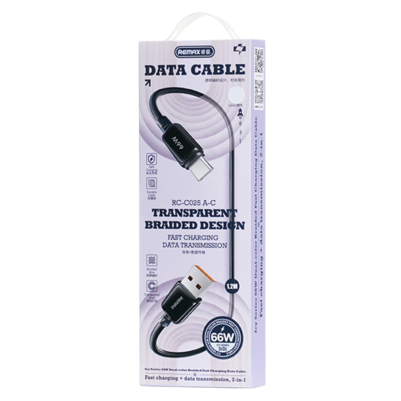 Câble USB / Type-C Tressé avec Charge Rapide 66W REMAX Icy Series RC-C025 - 1.2M - Noir — REMAX · Smarty Paris 18e