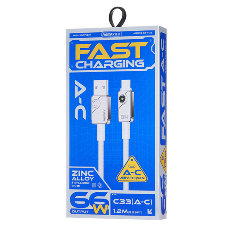Câble USB / USB-C en Alliage d'aluminium tressé avec Charge Rapide 66W REMAX Swift C33 - 1.2M - Blanc — REMAX · Smarty Paris 18e