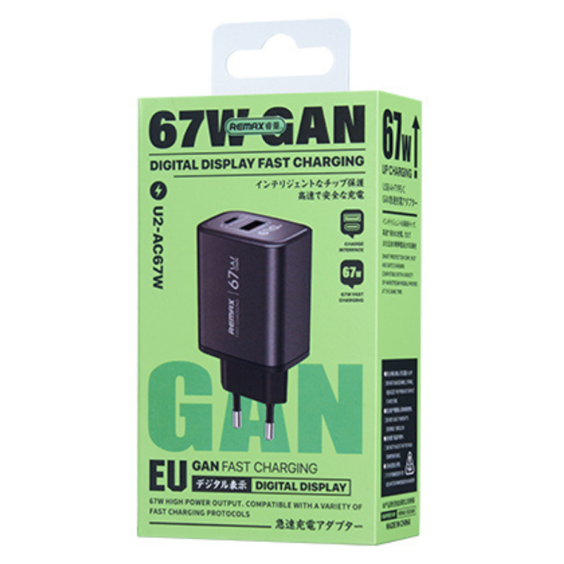 Chargeur Rapide GaN 67W avec affichage numérique - USB + Type-C REMAX U2-AC67W - Argent — REMAX · Smarty Paris 18e