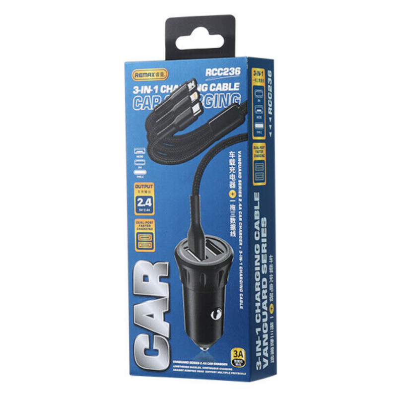 Kit Chargeur de voiture 2.4A + Câble 3-en-1 USB/Type-C + Lightning + Micro USB Remax RCC236 Série Va… — REMAX · Smarty Paris 18e