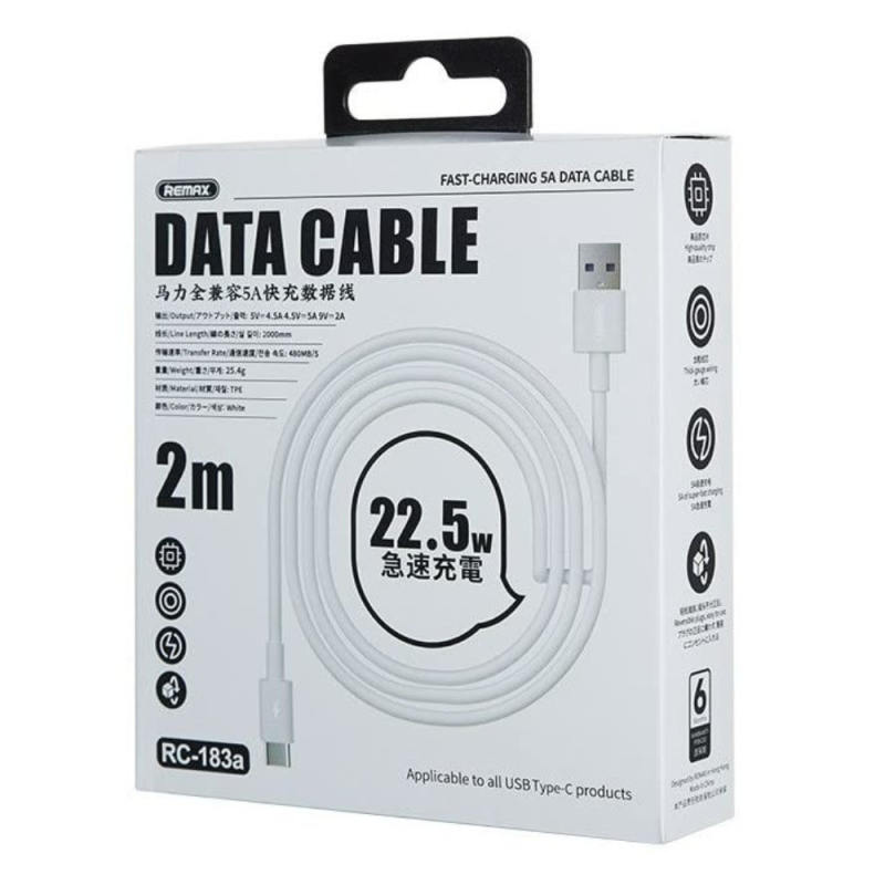 Câble USB / TYPE-C 22.5W REMAX RC-183a Série Marlik - 2M - Blanc — REMAX · Smarty Paris 18e