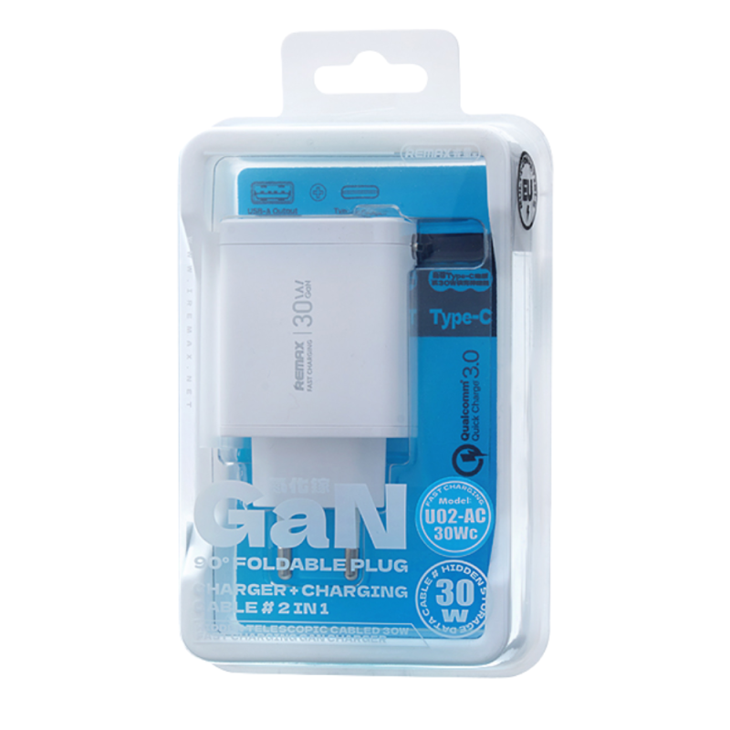 Chargeur GaN avec Câble Type-C Télescopique Lightning 30W REMAX U02-AC30Wc - EU - Blanc — REMAX · Smarty Paris 18e