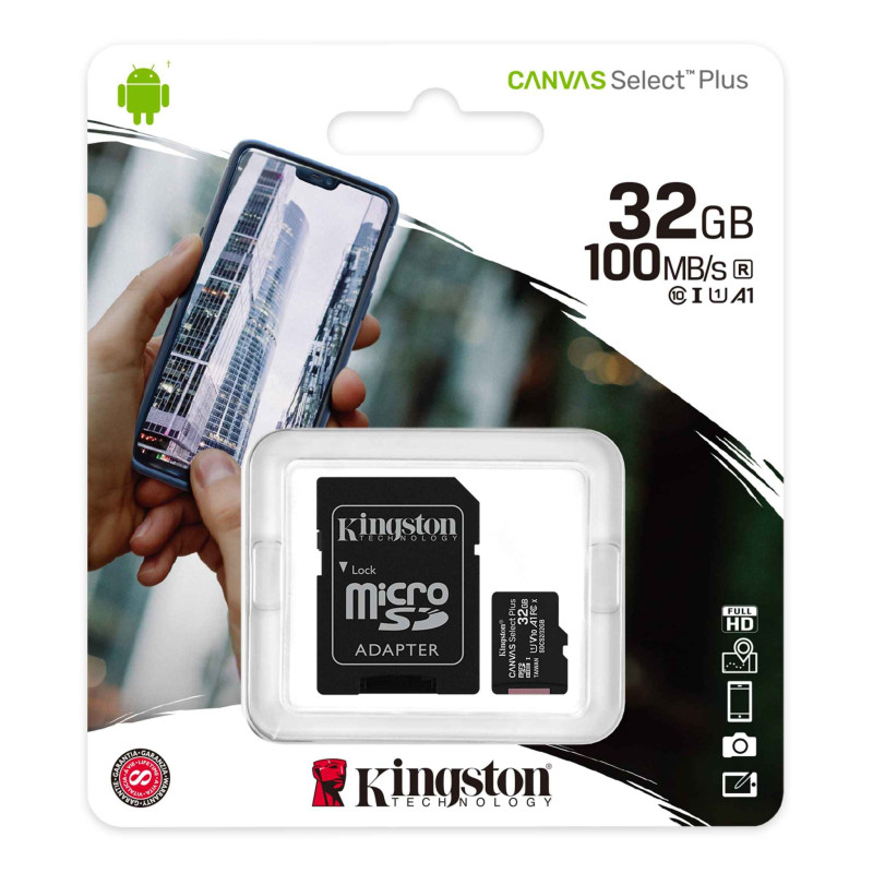 Carte Mémoire Kingston Canvas Select Plus 32 Go - Micro SDHC + Adaptateur SD (Origine) · Smarty Paris