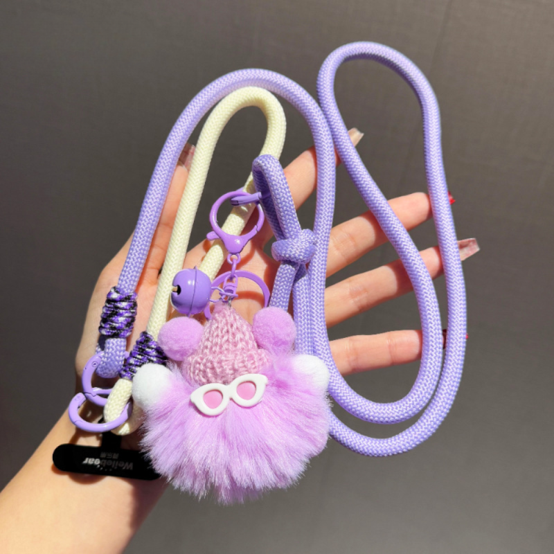 Collier Téléphone Cordon Long Tressé Bicolore Violet/Beige avec Peluche Monstre Kawaii — ECO · Smarty Paris 18e