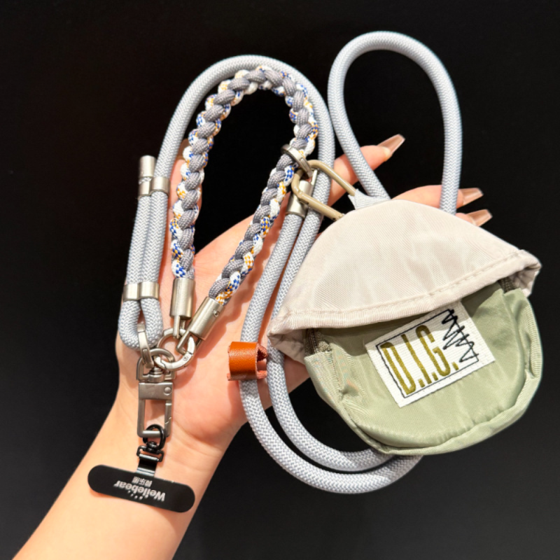Collier Téléphone Cordon Long Tressé Bicolore Gris avec Mini Pochette — ECO · Smarty Paris 18e