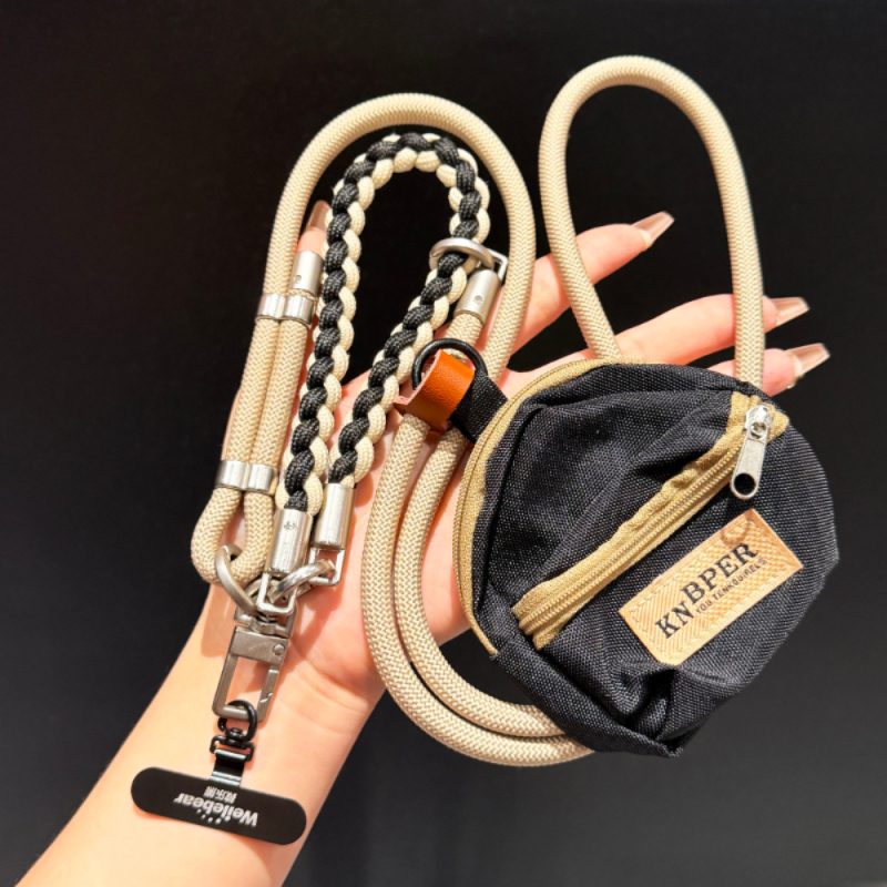 Collier Téléphone Cordon Long Tressé Bicolore Marron avec Mini Pochette — ECO · Smarty Paris 18e