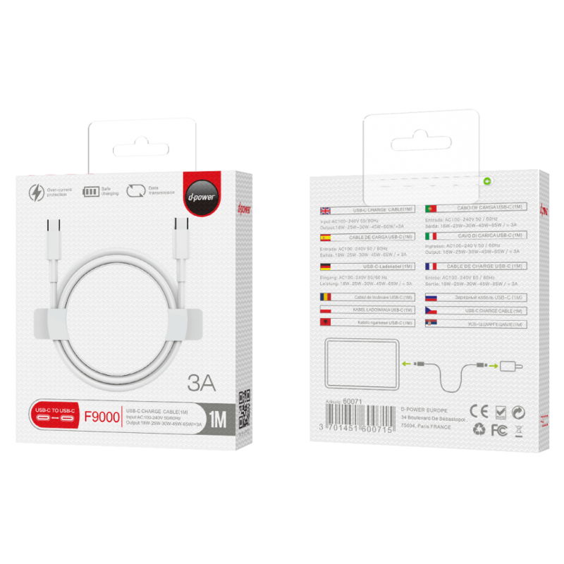 Câble Type-C / Type-C - D-power F9000 - 1M Blanc — D-power · Smarty Paris 18e