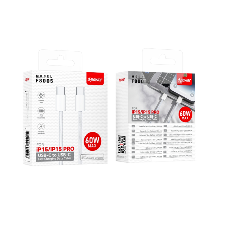 Câble Type-C / Type-C Nylon - D-power 60W MAX F8005 - 1M Blanc — D-power · Smarty Paris 18e
