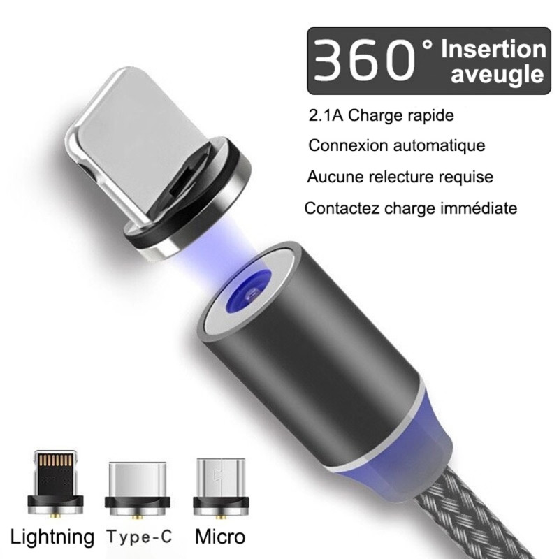 Câble 3 en 1 Magnétique Tressé USB Lightning/Mirco/Type-C (Compatible) — ECO · Smarty Paris 18e