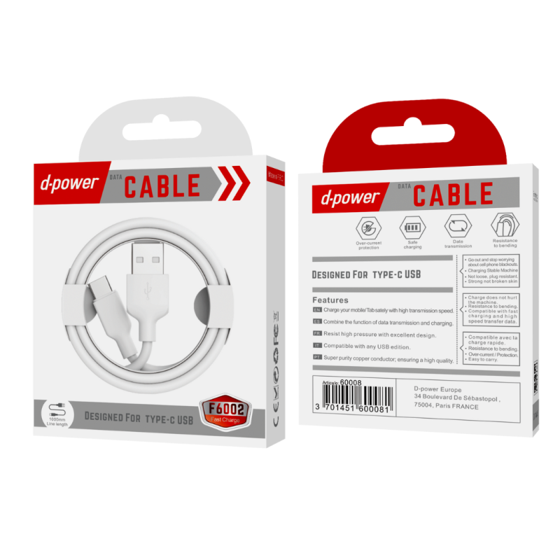 Câble USB / Type-C - D-power F6002 - 1M Blanc — D-power · Smarty Paris 18e