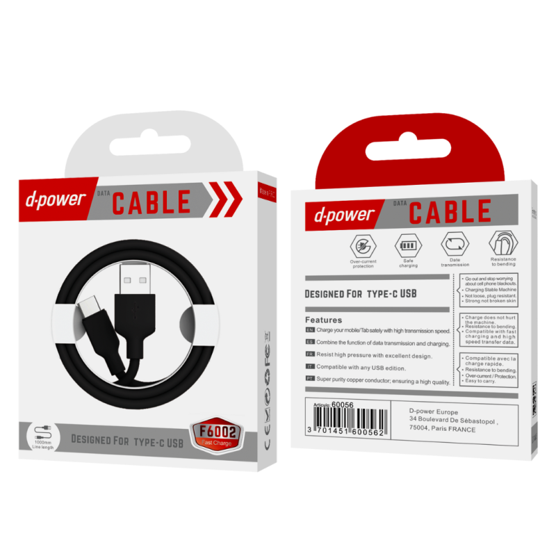 Câble USB / Type-C - D-power F6002 - 1M Noir — D-power · Smarty Paris 18e