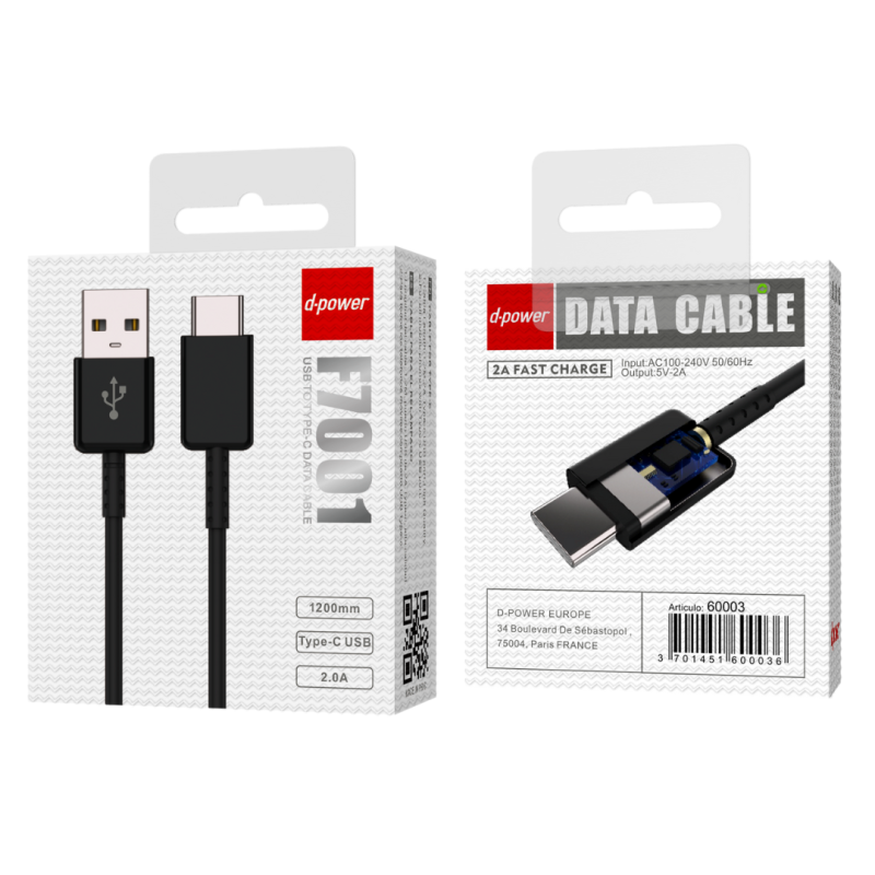Câble USB / Type-C - D-power F7001 - 1.2M Noir — D-power · Smarty Paris 18e